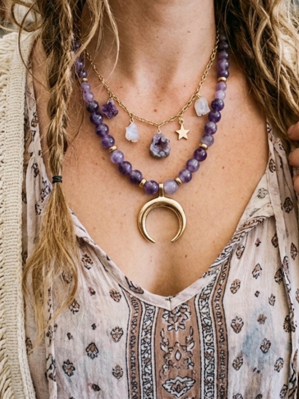 Genuine Amethyst Gold Crescent Pendant Beaded Necklace